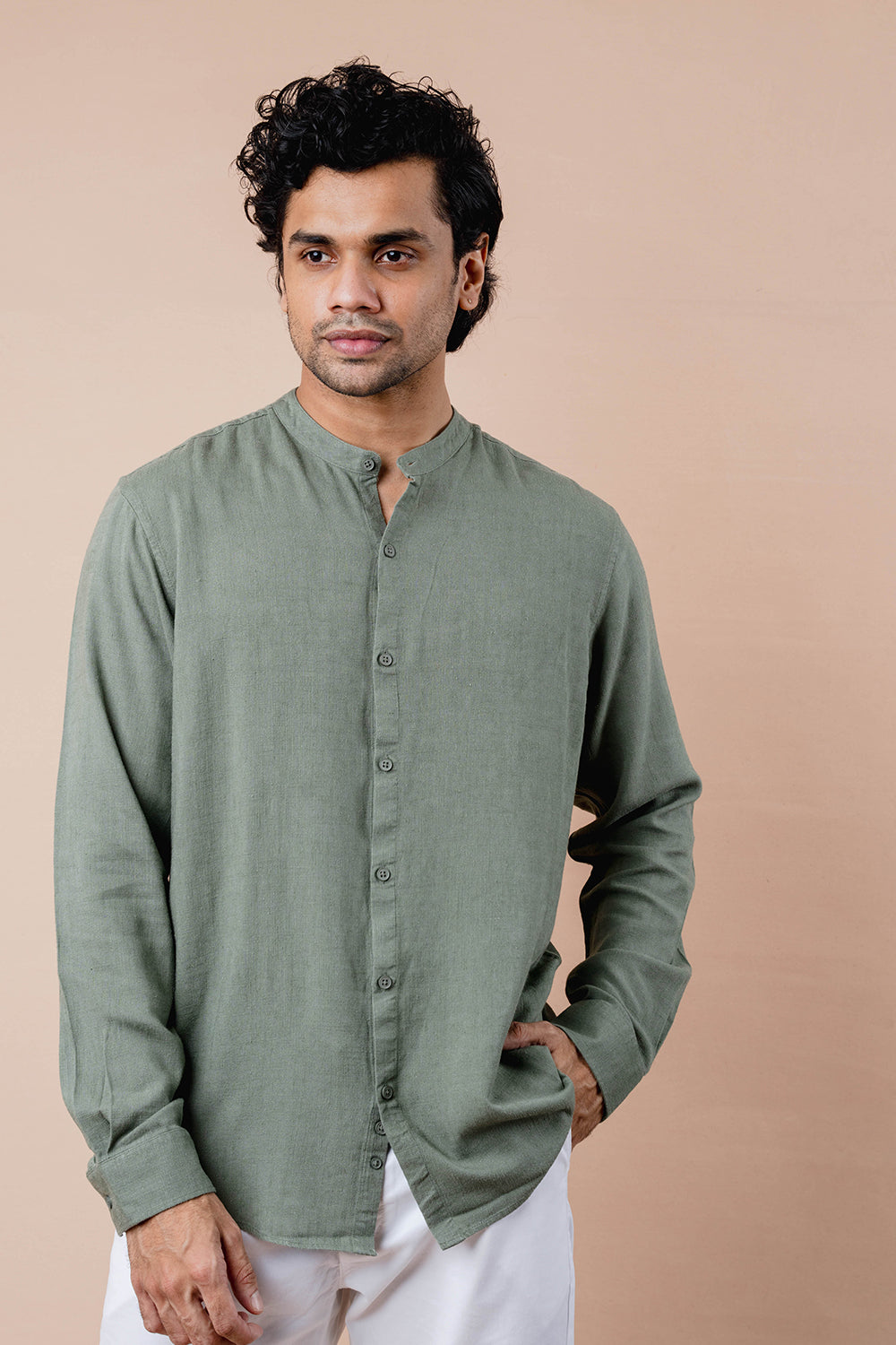 Mandarin Collar Full Sleeve Linen Shirt - COCO by Cotton Collection