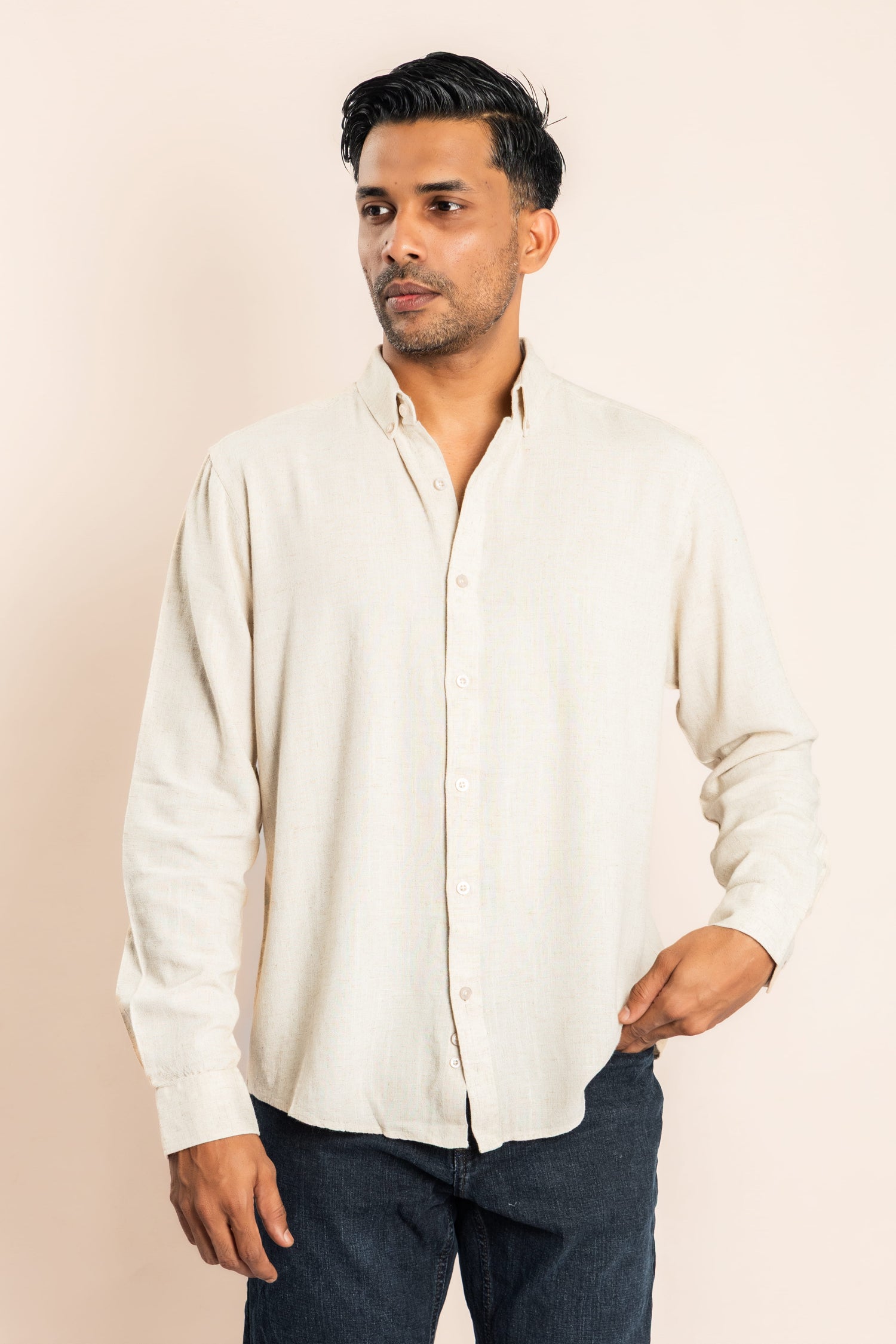Viscose Blend Based Button Down Collar Shirt - Cream - COCO by Cotton Collection