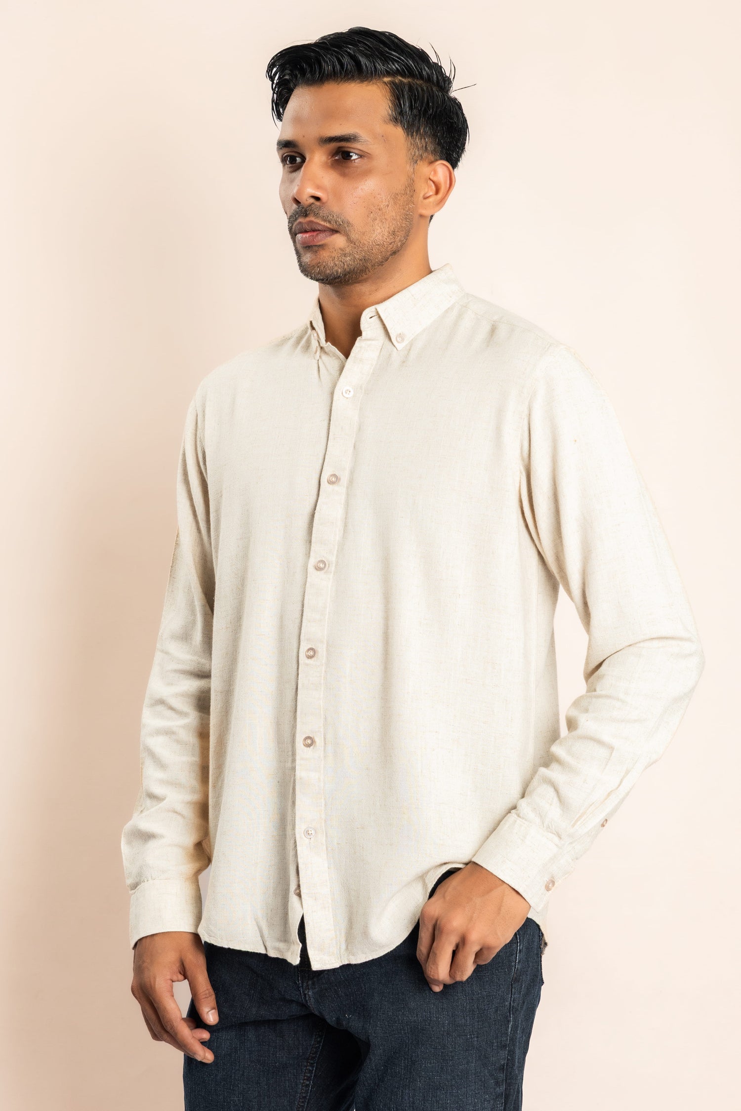 Viscose Blend Based Button Down Collar Shirt - Cream - COCO by Cotton Collection