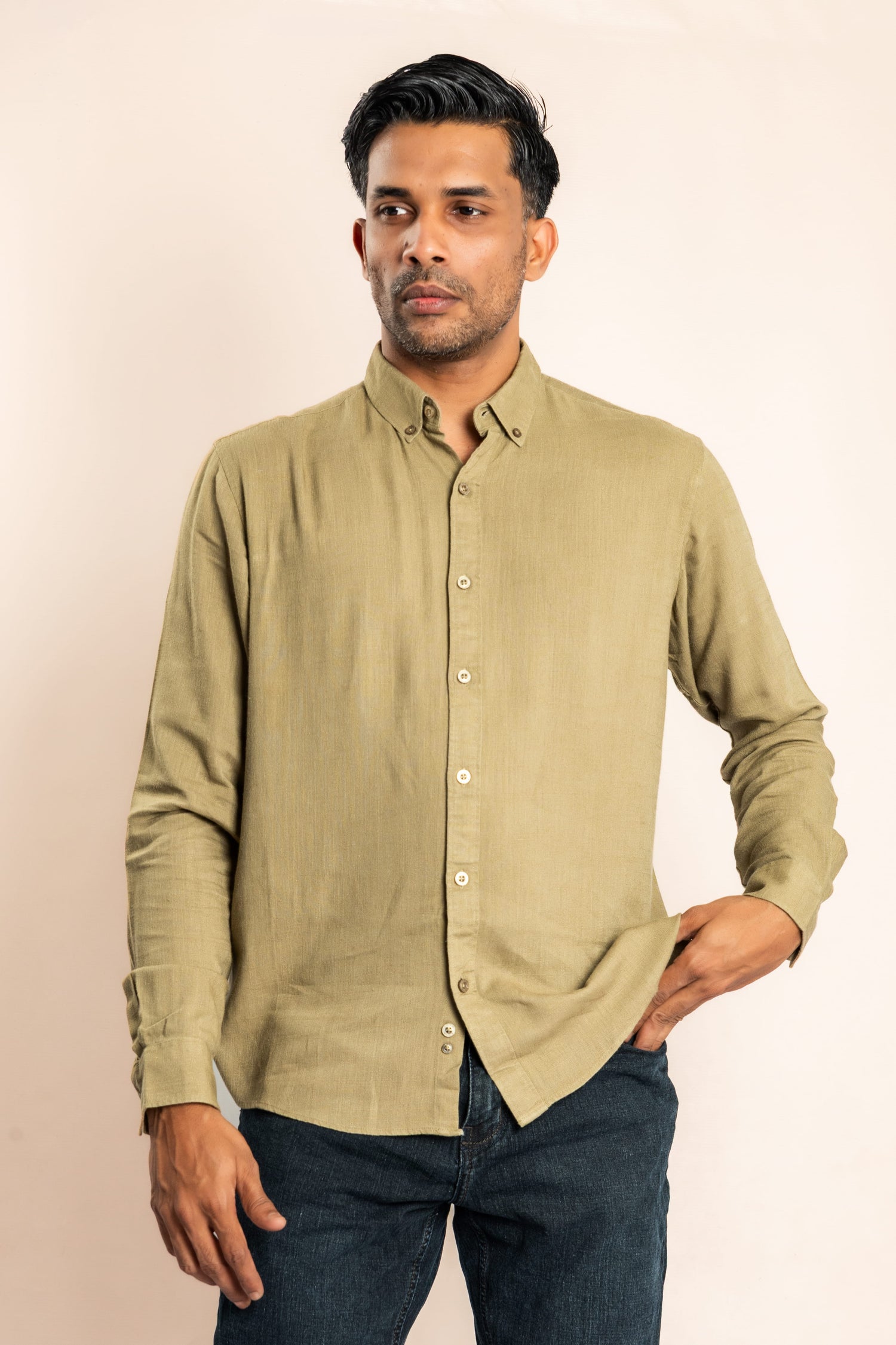 Rayon Blend Based Button Down Collar Shirt - Brown - COCO by Cotton Collection