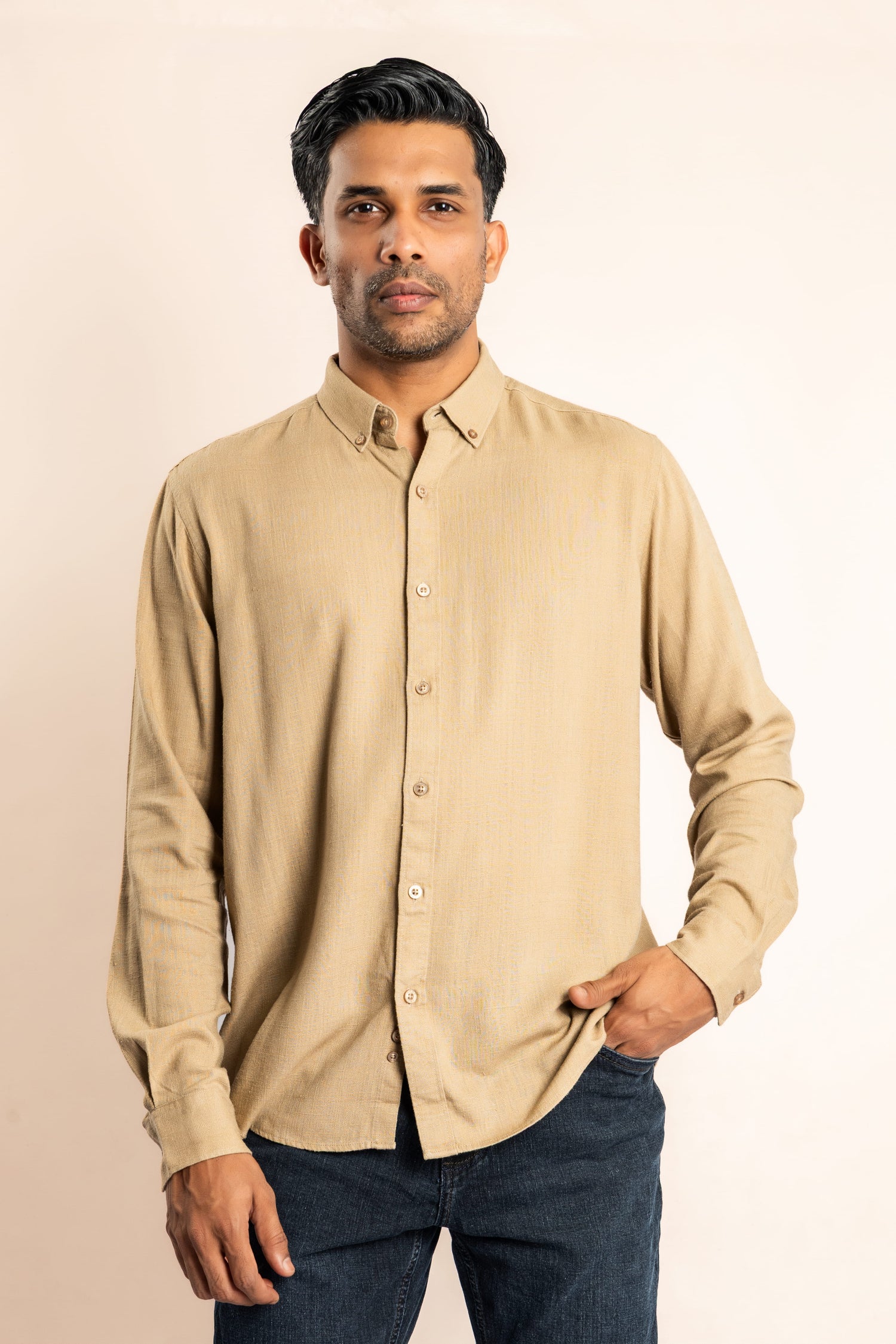 Rayon Blend Based Button Down Collar Shirt - Light Brown - COCO by Cotton Collection