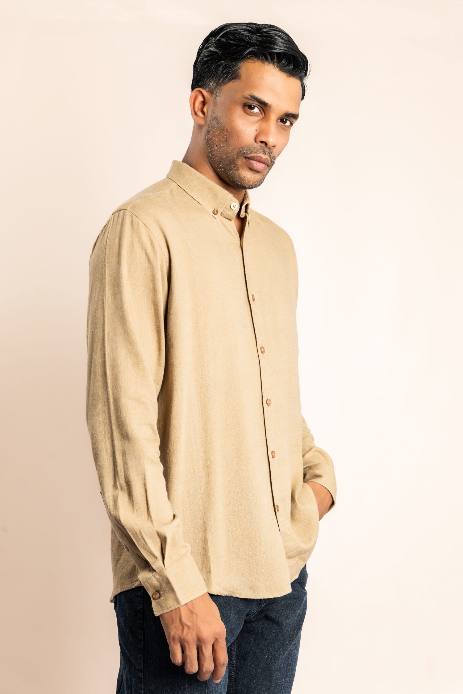 Rayon Blend Based Button Down Collar Shirt - Light Brown - COCO by Cotton Collection