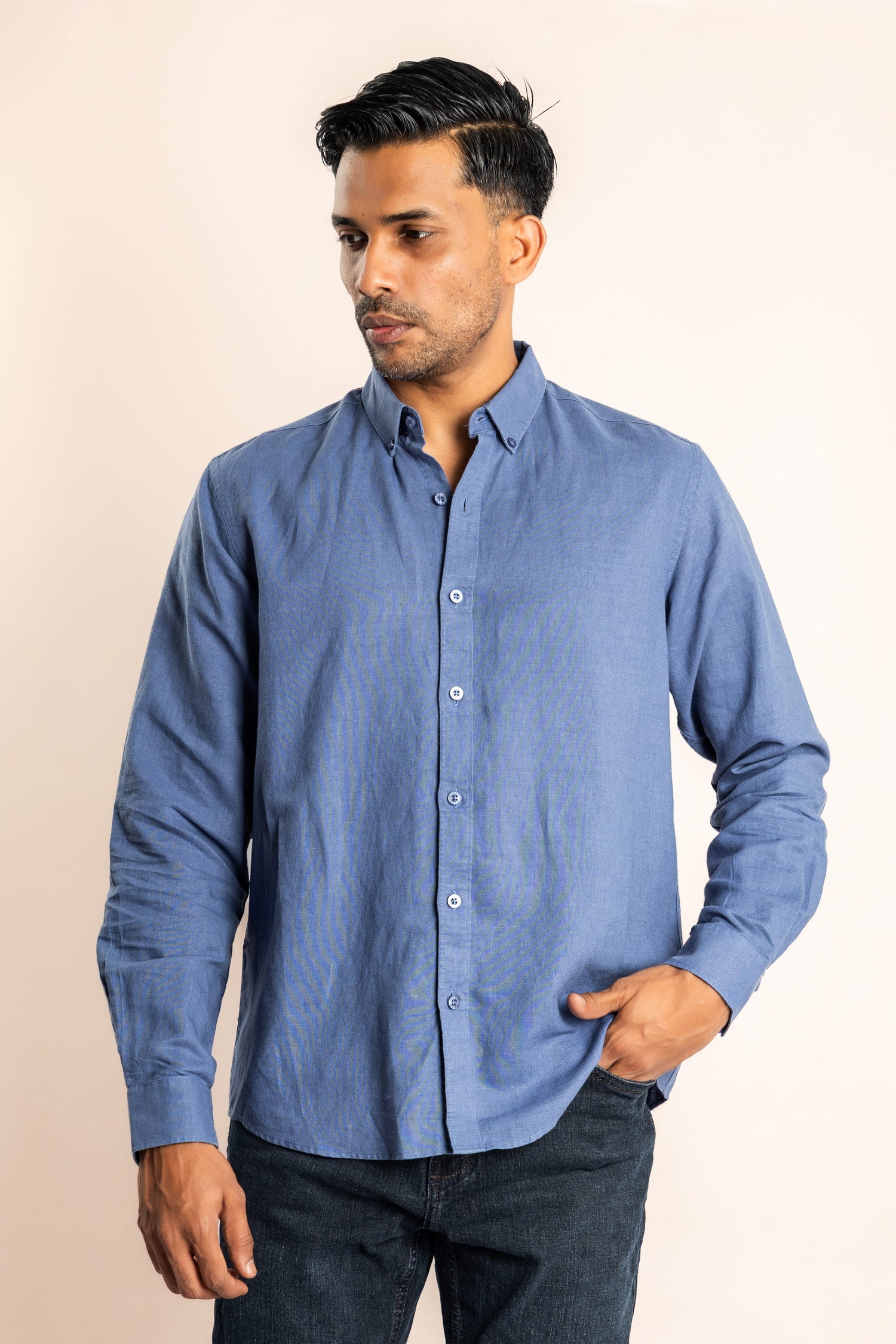 Linen Blend Based Button Down Collar Shirt - Blue - COCO by Cotton Collection