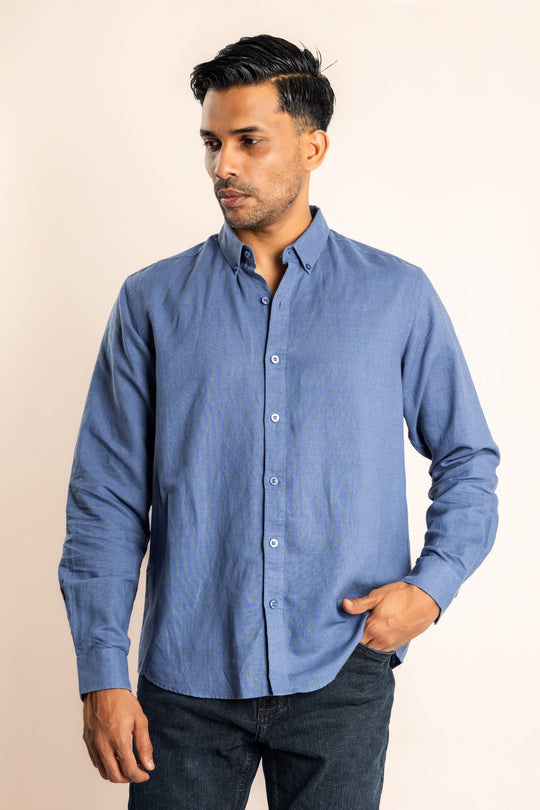 Linen Blend Based Button Down Collar Shirt - Blue - COCO by Cotton Collection