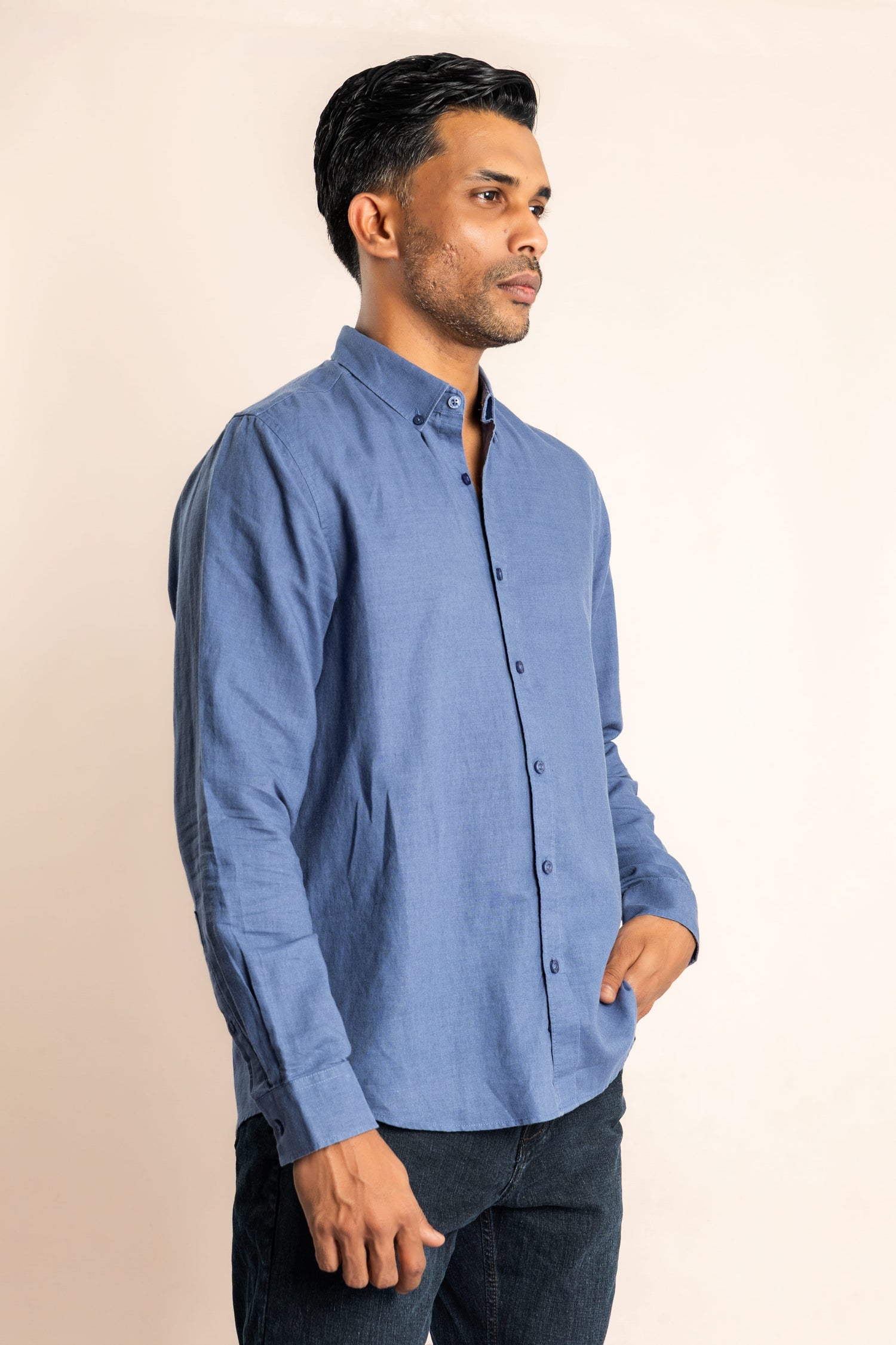Linen Blend Based Button Down Collar Shirt - Blue - COCO by Cotton Collection