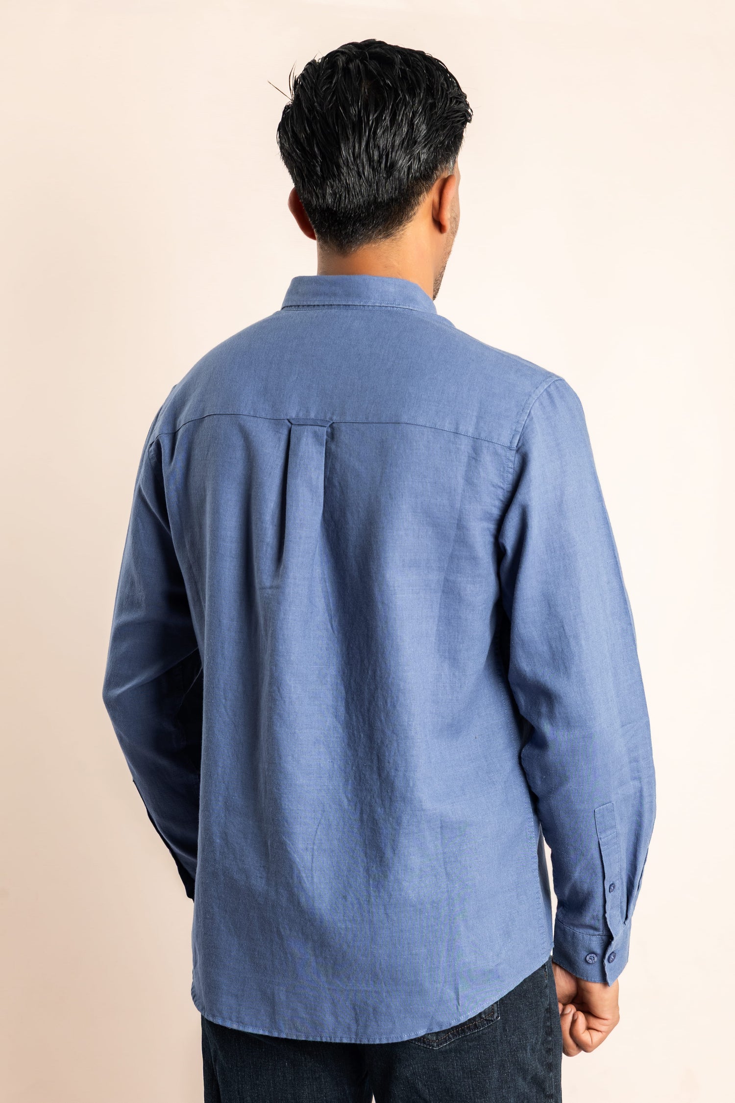 Linen Blend Based Button Down Collar Shirt - Blue - COCO by Cotton Collection