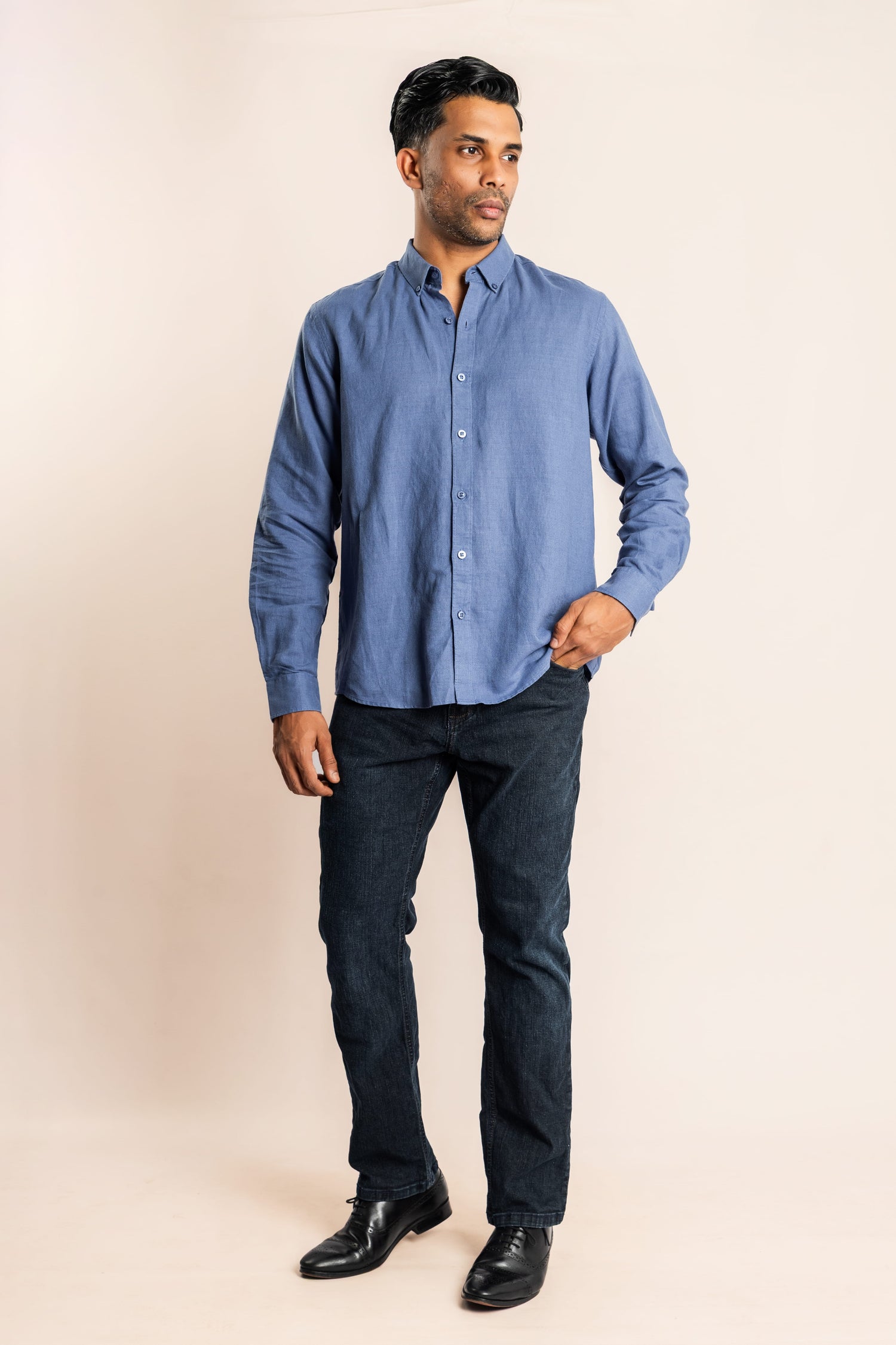 Linen Blend Based Button Down Collar Shirt - Blue - COCO by Cotton Collection