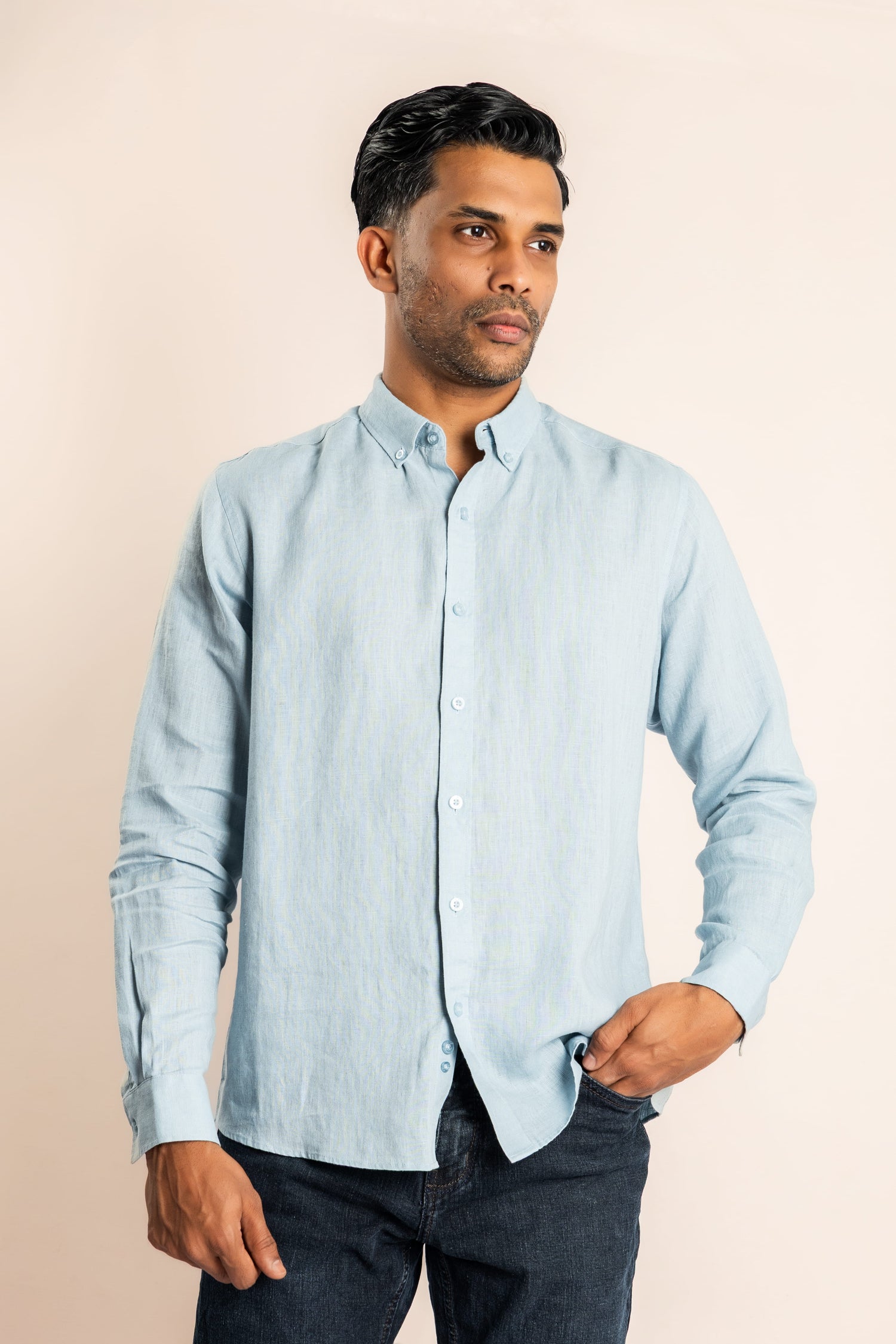 Linen Based Button Down Collar Shirt - Light Blue - COCO by Cotton Collection