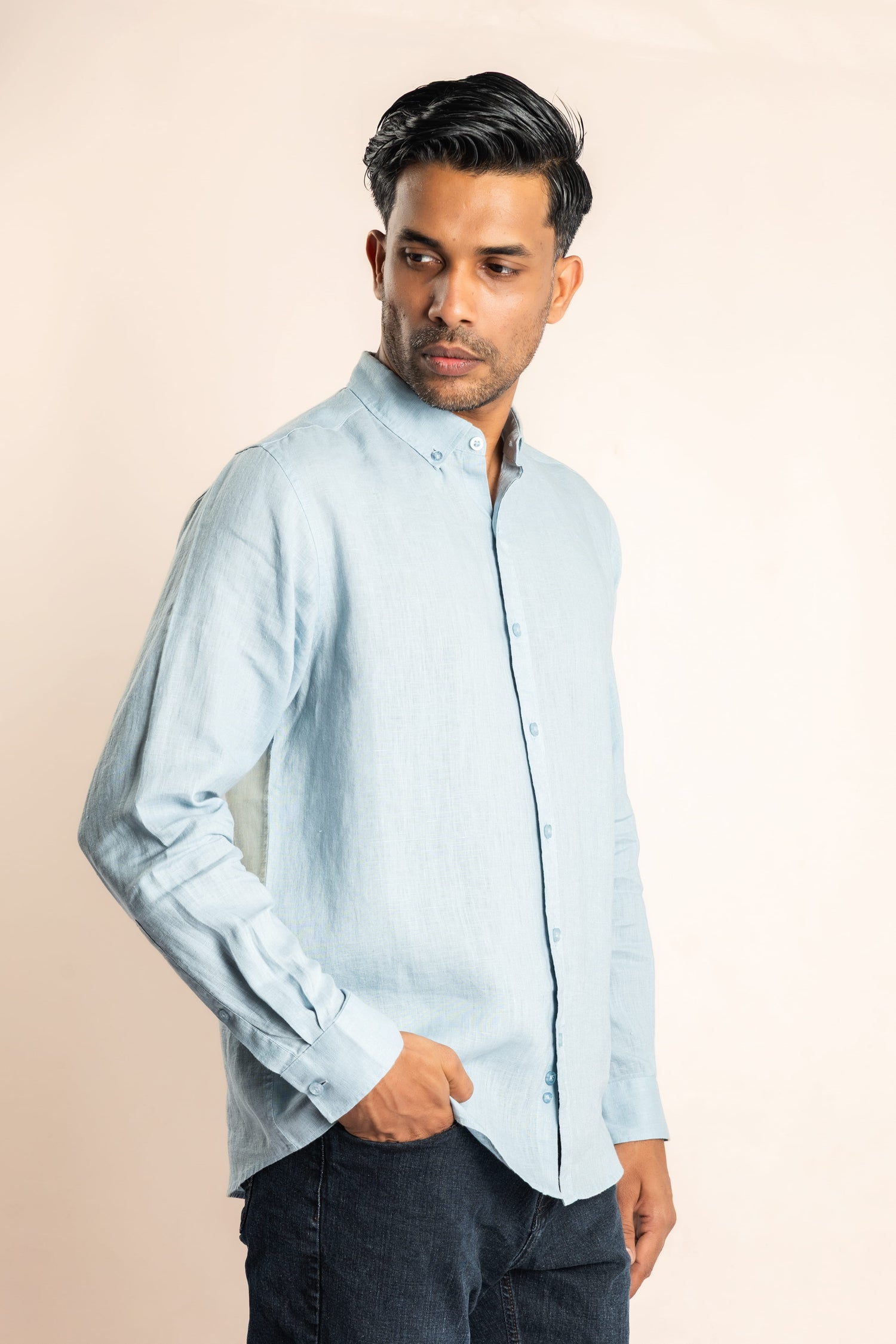 Linen Based Button Down Collar Shirt - Light Blue - COCO by Cotton Collection