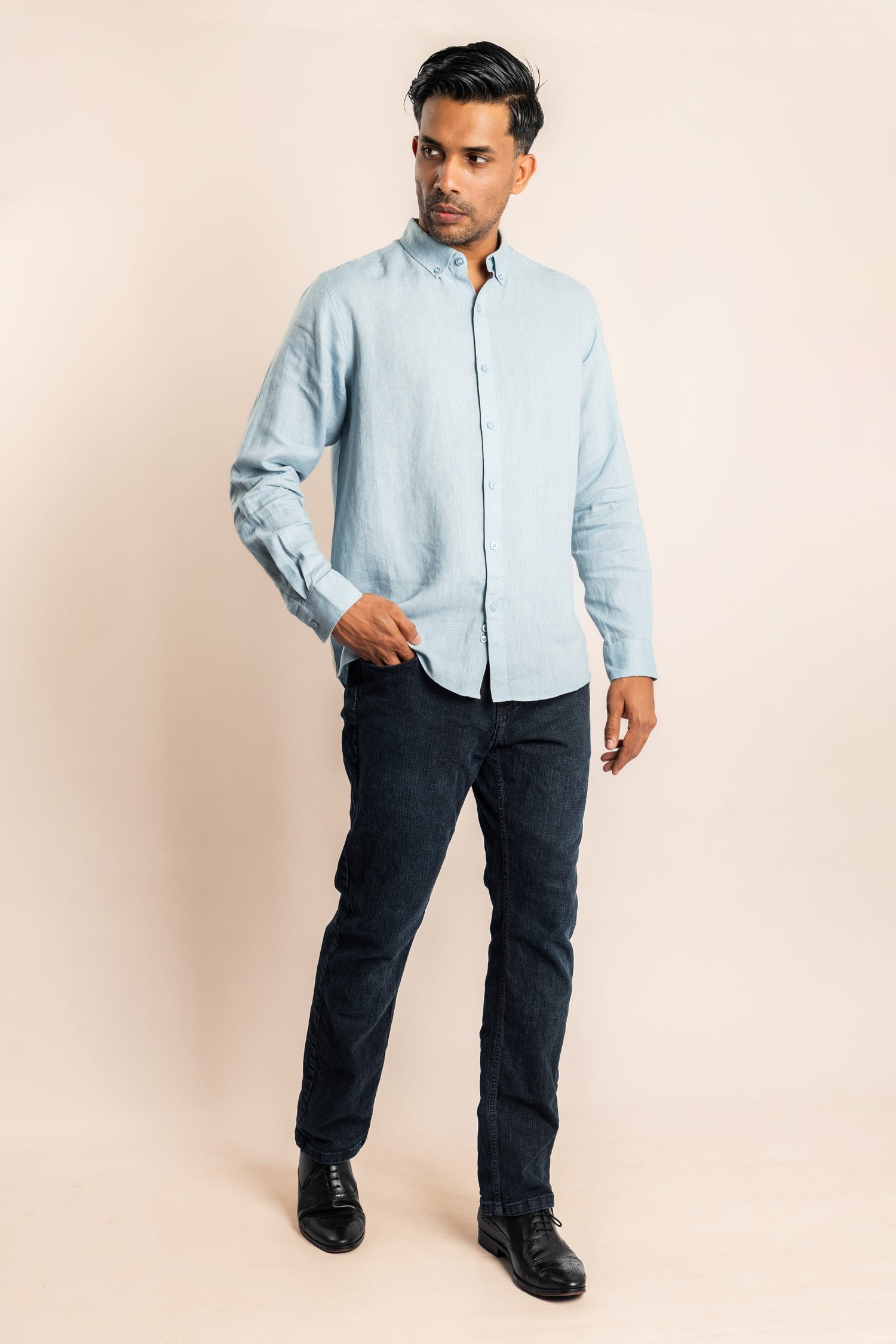 Linen Based Button Down Collar Shirt - Light Blue - COCO by Cotton Collection