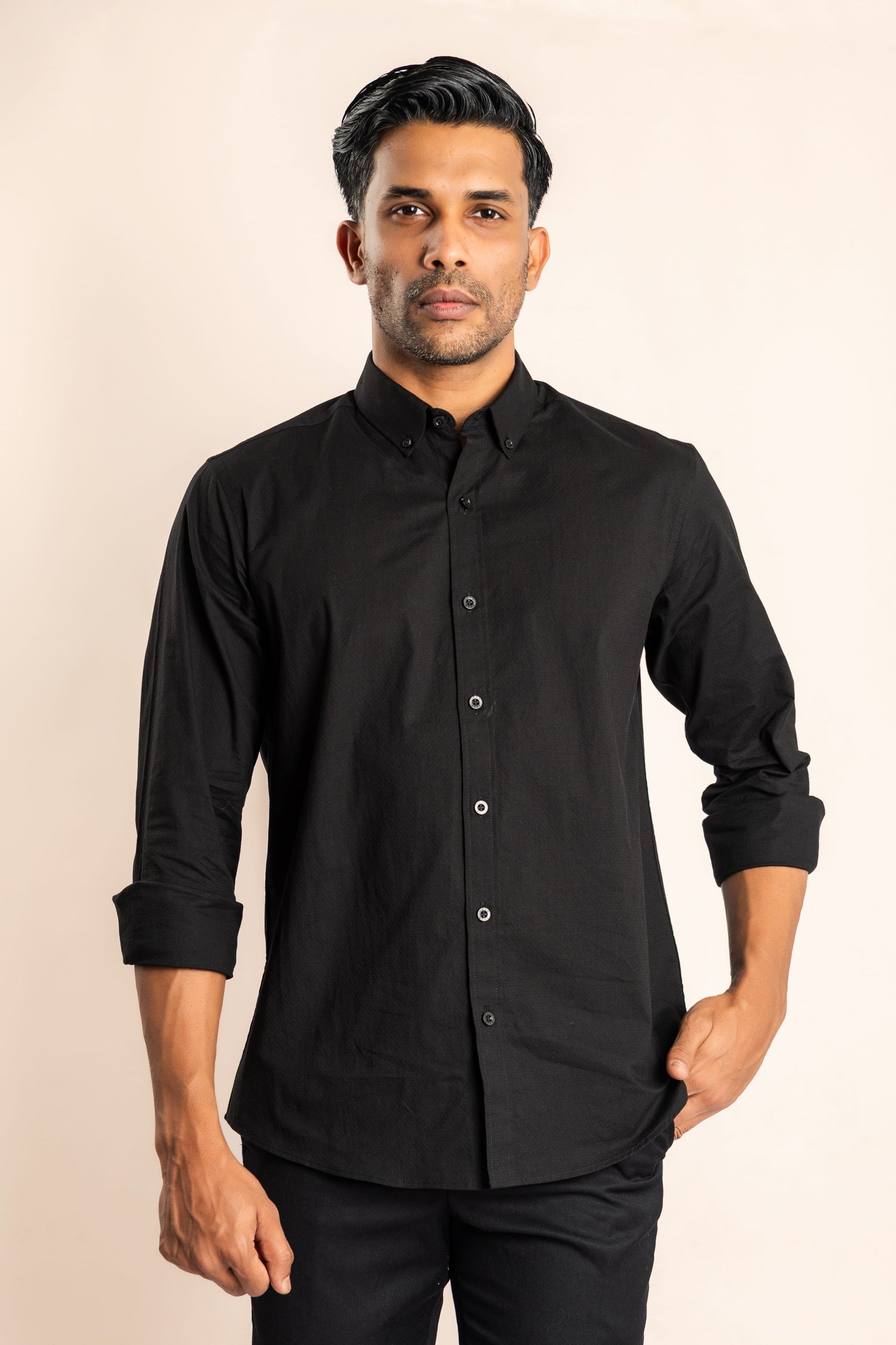 Cotton Based Button Down Collar Shirt - Black - COCO by Cotton Collection