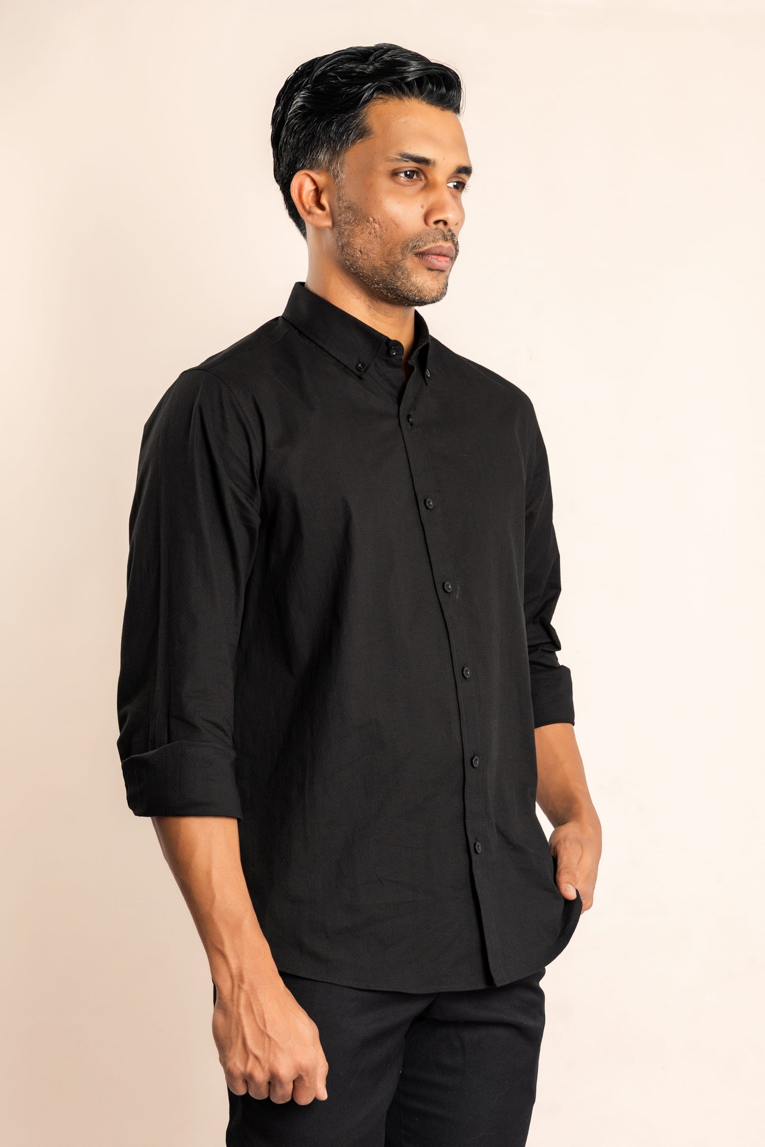 Cotton Based Button Down Collar Shirt - Black - COCO by Cotton Collection