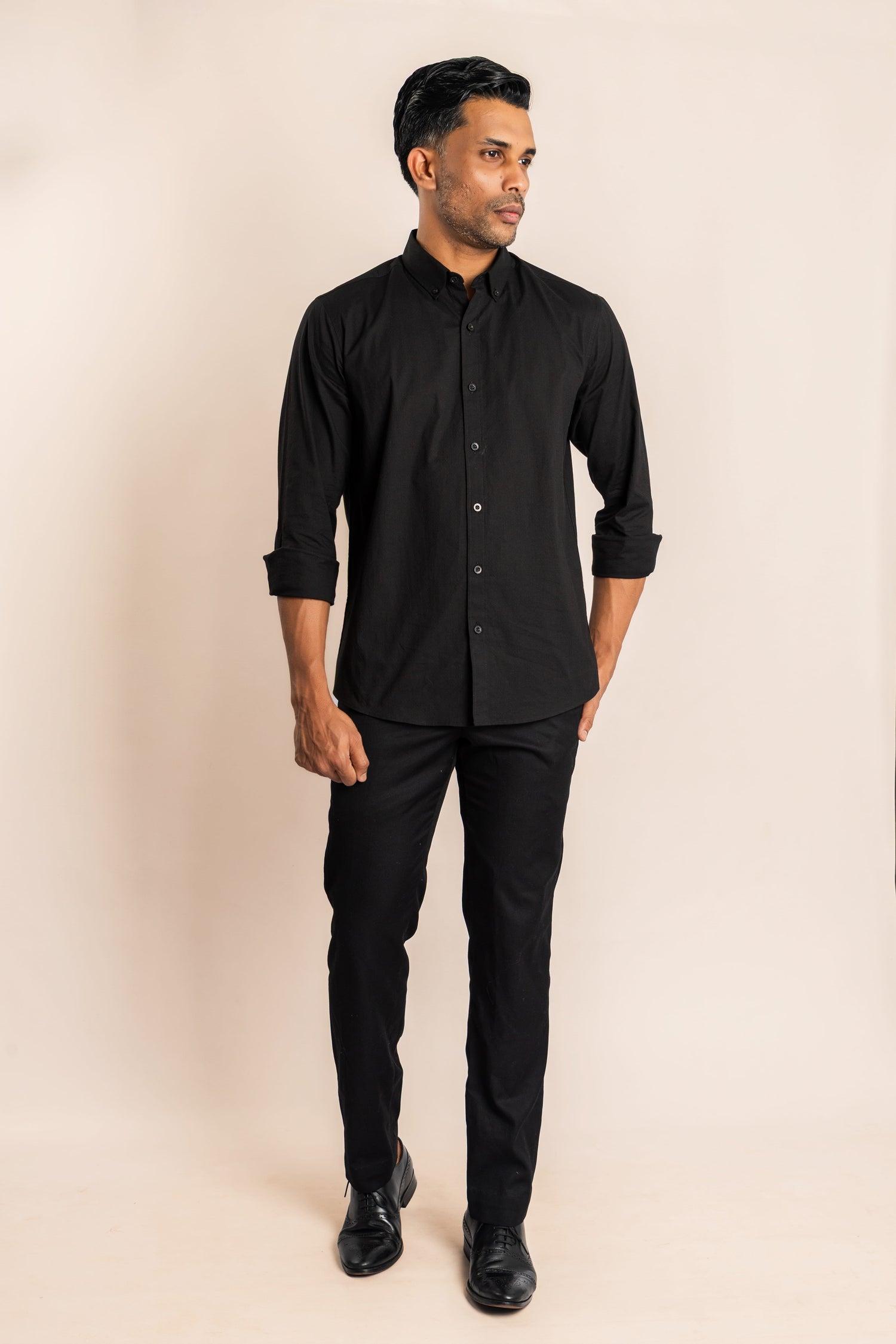 Cotton Based Button Down Collar Shirt - Black - COCO by Cotton Collection