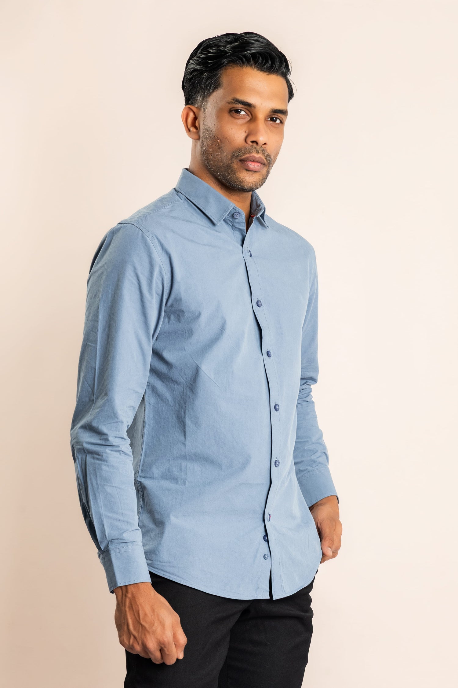 Cotton Based Button Down Collar Shirt - Blue - COCO by Cotton Collection