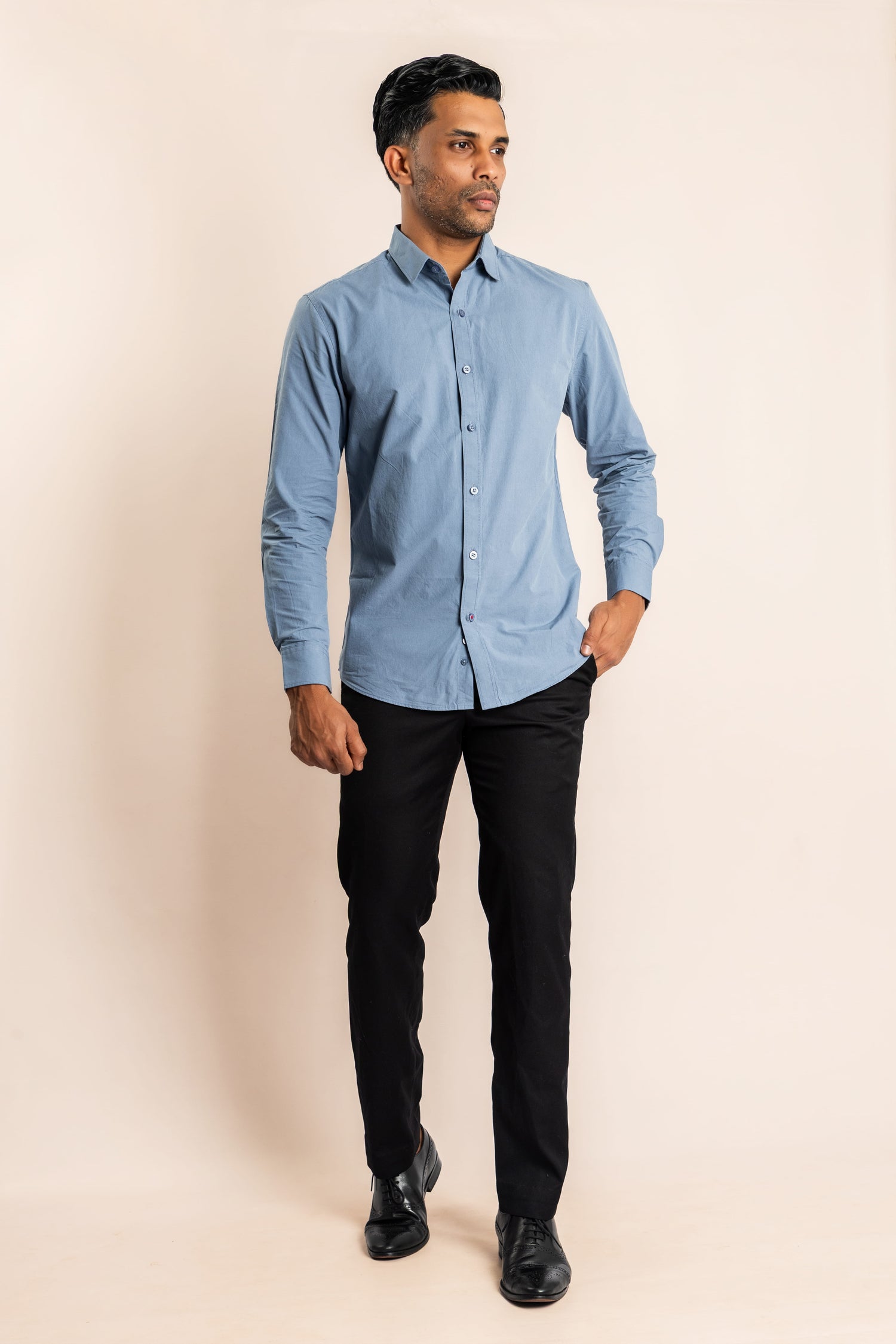 Cotton Based Button Down Collar Shirt - Blue - COCO by Cotton Collection