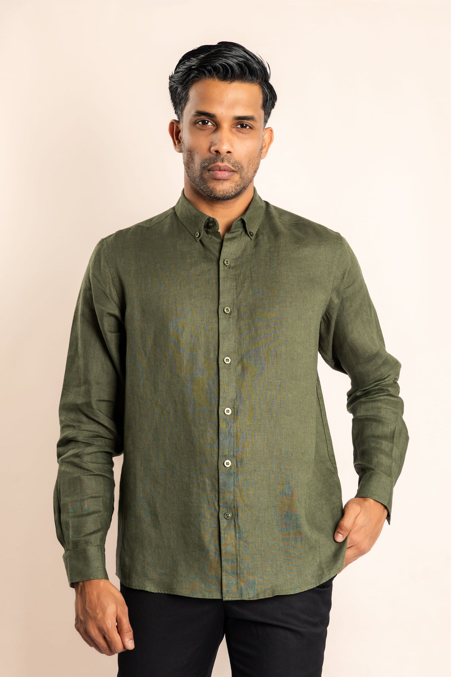 Linen Based Button Down Collar Shirt - Olive Green - COCO by Cotton Collection