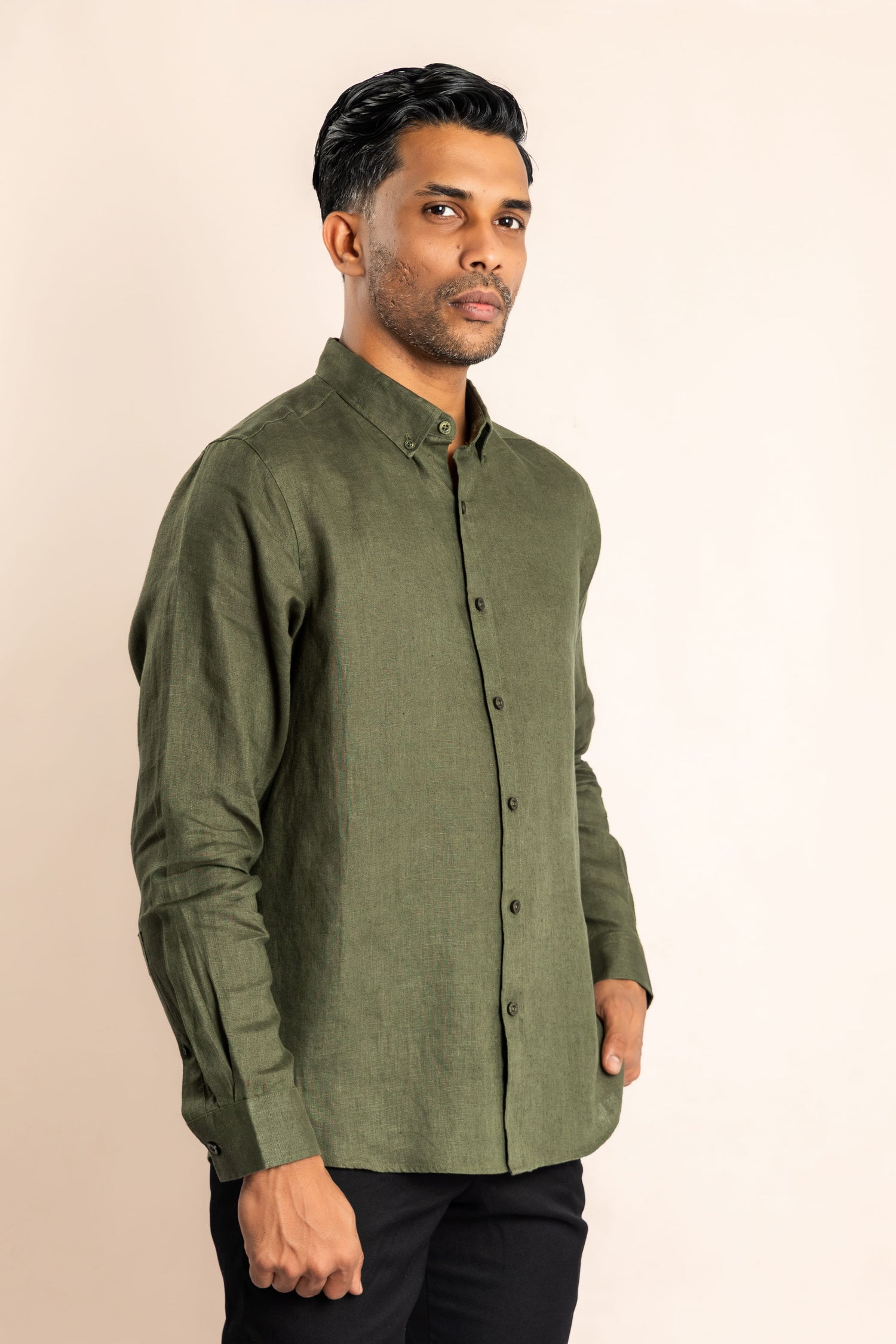 Linen Based Button Down Collar Shirt - Olive Green - COCO by Cotton Collection