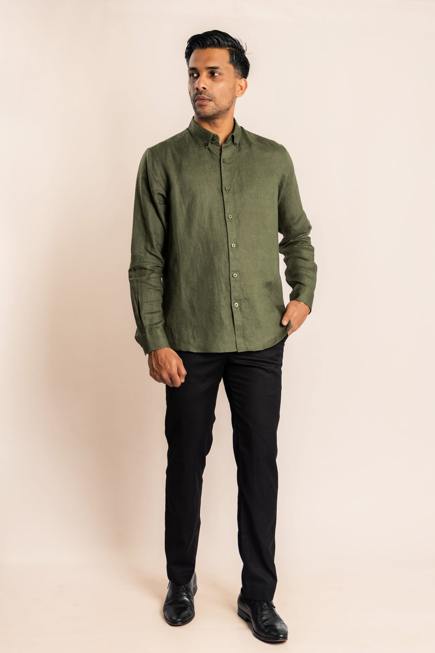 Linen Based Button Down Collar Shirt - Olive Green - COCO by Cotton Collection