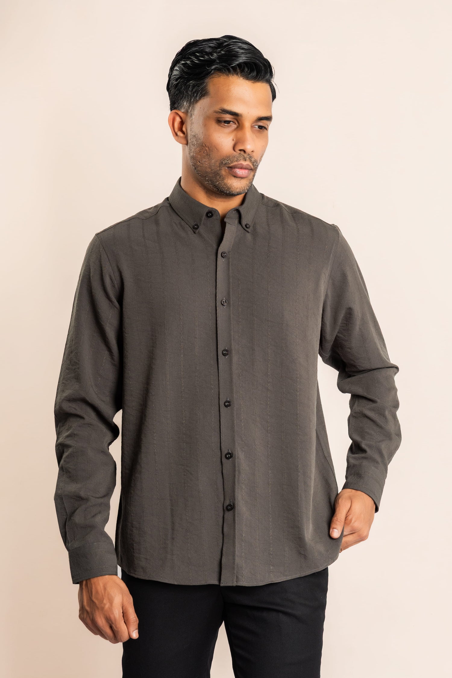 Nylon Blend Button Down Collar Shirt - Grey - COCO by Cotton Collection