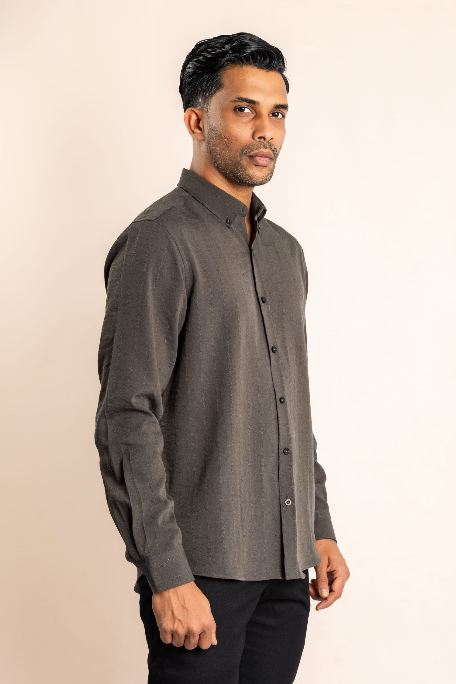 Nylon Blend Button Down Collar Shirt - Grey - COCO by Cotton Collection