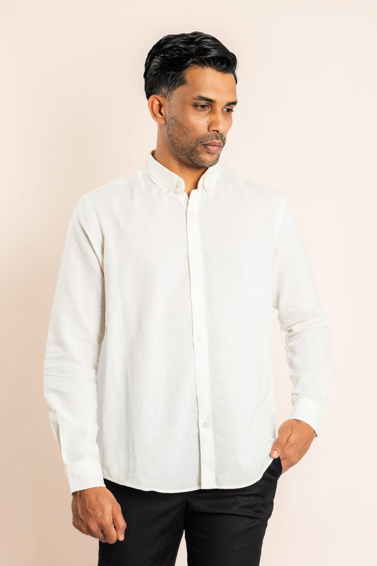 Linen Based Button Down Collar Shirt - White - COCO by Cotton Collection