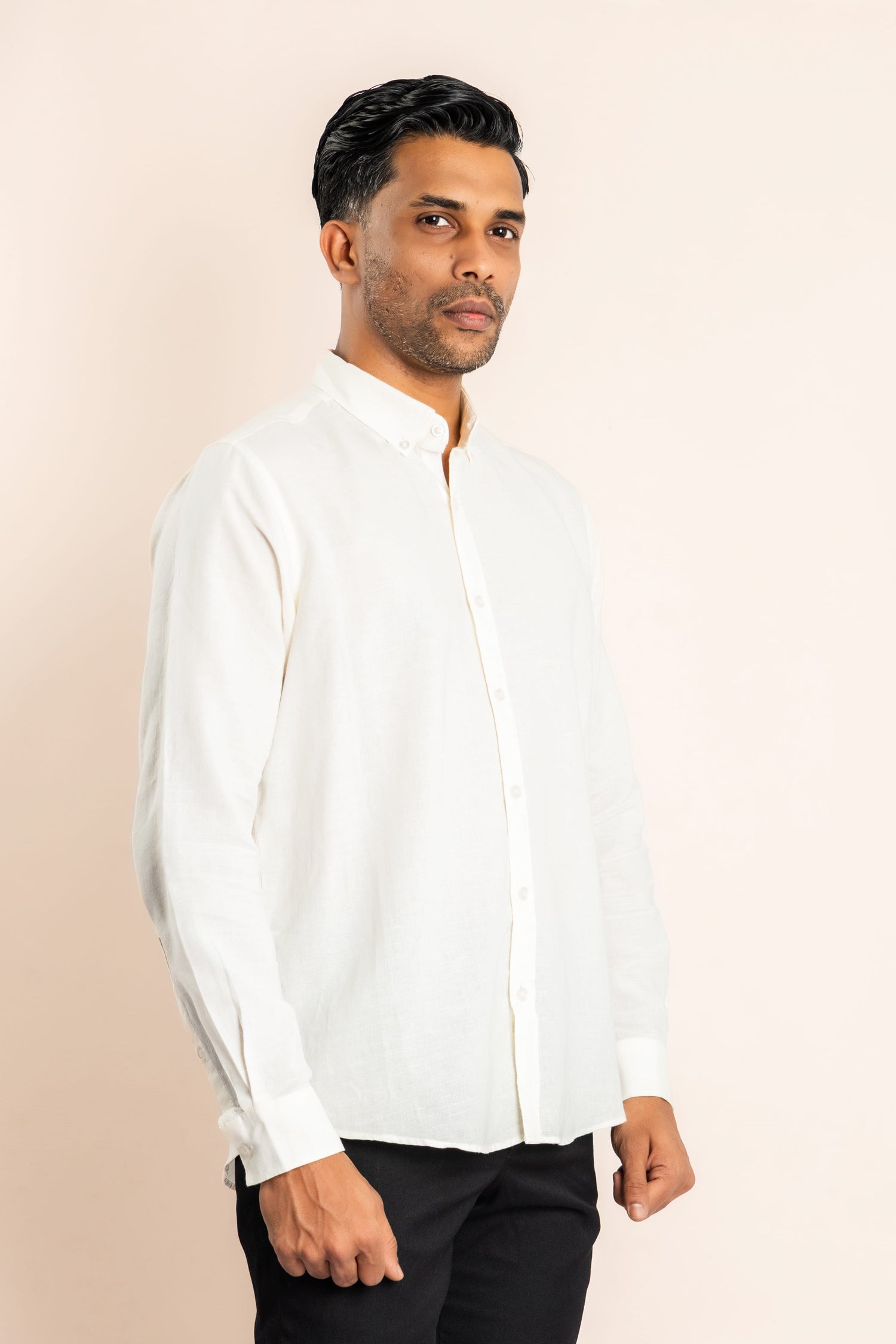 Linen Based Button Down Collar Shirt - White - COCO by Cotton Collection