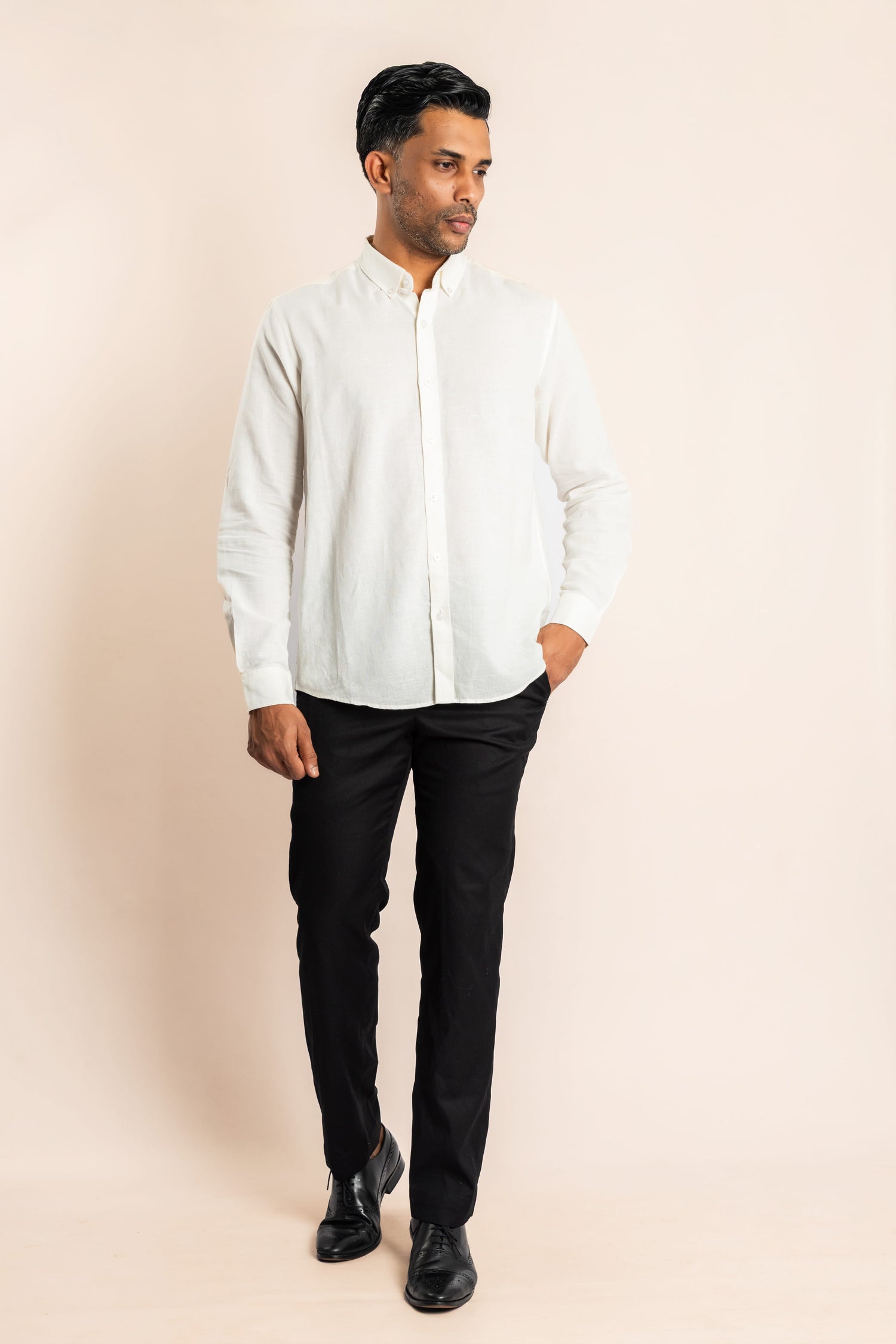 Linen Based Button Down Collar Shirt - White - COCO by Cotton Collection
